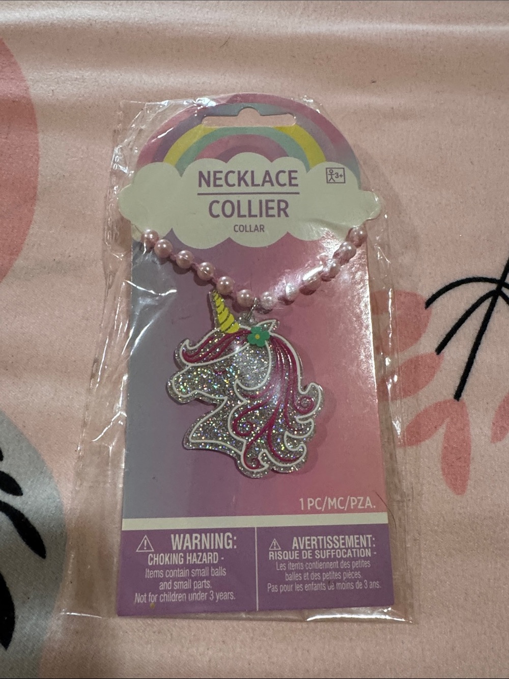 Amscan Pink Pearl Beaded Unicorn Necklace with Glitter Pendant